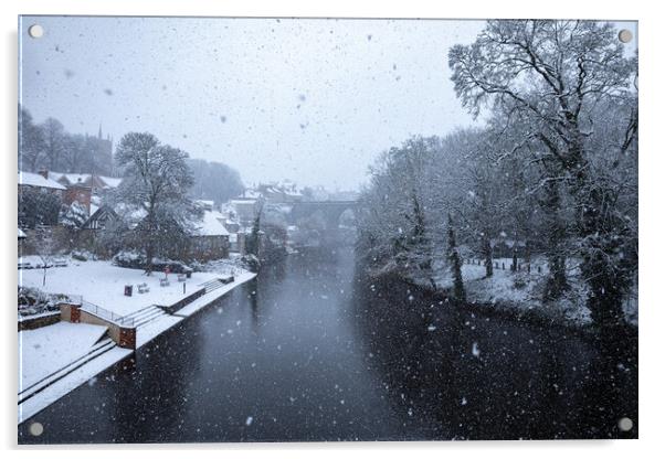 Winter snow over the river Nidd and famous landmark railway viaduct in Knaresborough, North Yorkshire Acrylic by mike morley