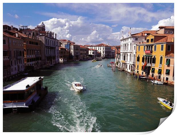 Venice, Italy: View of a canal with boats between italian architecture against dramatic clouds Print by Arpan Bhatia
