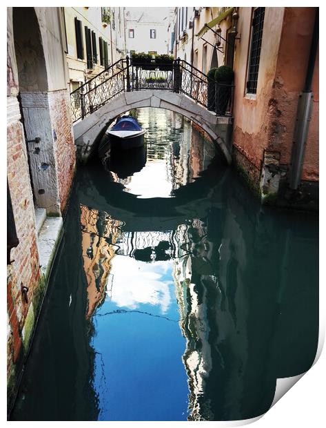 Venice, Italy : One of the small bridge on canal with reflection of building . View of bridge of sights with gondoliers boats docked under the bridge Print by Arpan Bhatia