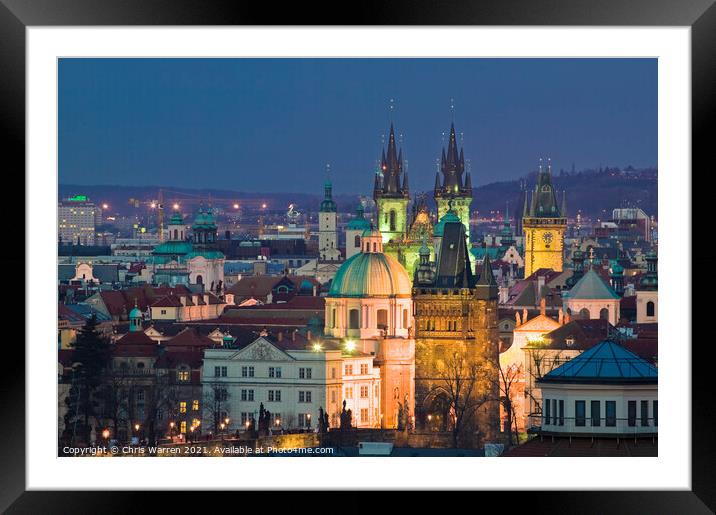 Overview of Prague Czech Republic at twilight Framed Mounted Print by Chris Warren