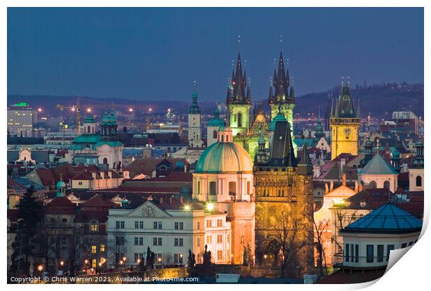 Overview of Prague Czech Republic at twilight Print by Chris Warren