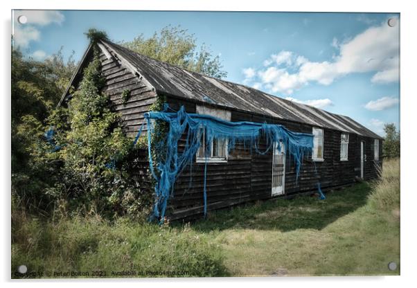 Wooden army barack hut from WWII at Bradwell on Sea, Essex, UK. Acrylic by Peter Bolton