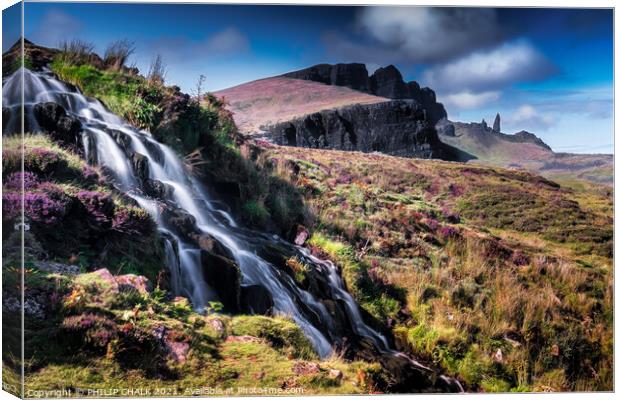 Brides veil falls with the Old Man of Storr in the background 80 Canvas Print by PHILIP CHALK