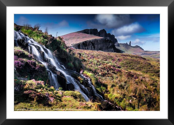 Brides veil falls with the Old Man of Storr in the background 80 Framed Mounted Print by PHILIP CHALK