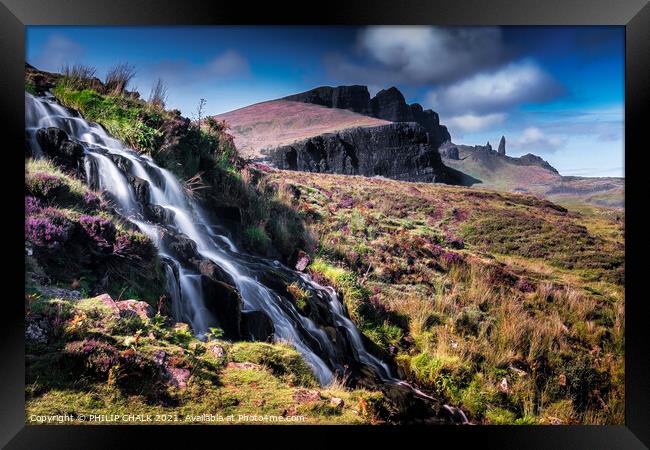 Brides veil falls with the Old Man of Storr in the background 80 Framed Print by PHILIP CHALK