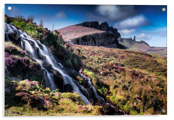 Brides veil falls with the Old Man of Storr in the background 80 Acrylic by PHILIP CHALK