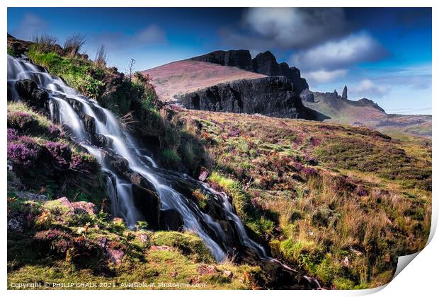 Brides veil falls with the Old Man of Storr in the background 80 Print by PHILIP CHALK