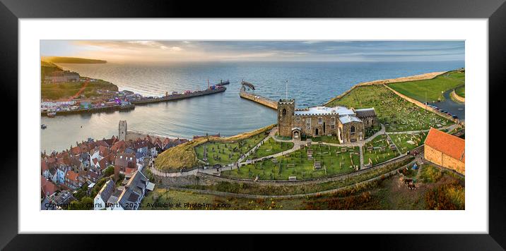 Saint Marys church and Whitby harbour at sunset. Framed Mounted Print by Chris North