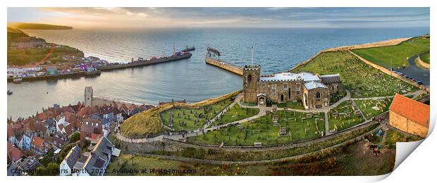 Saint Marys church and Whitby harbour at sunset. Print by Chris North