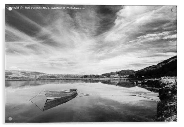 Calm on Afon Dyfi Black and White Acrylic by Pearl Bucknall