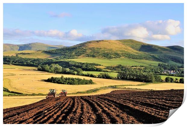 Ploughing in tandem Mindrum Cheviot Hills. Print by mick vardy
