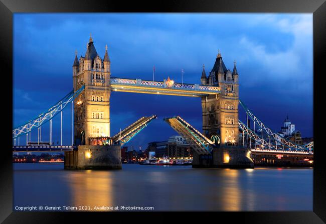 Tower Bridge (raised) at twilight, London, England Framed Print by Geraint Tellem ARPS