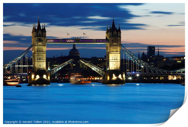 Tower Bridge being raised at dusk  Print by Geraint Tellem ARPS