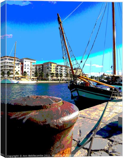A polarized view of an old sailing boat in the har Canvas Print by Ann Biddlecombe