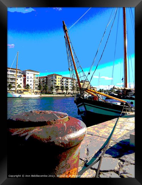 A polarized view of an old sailing boat in the har Framed Print by Ann Biddlecombe