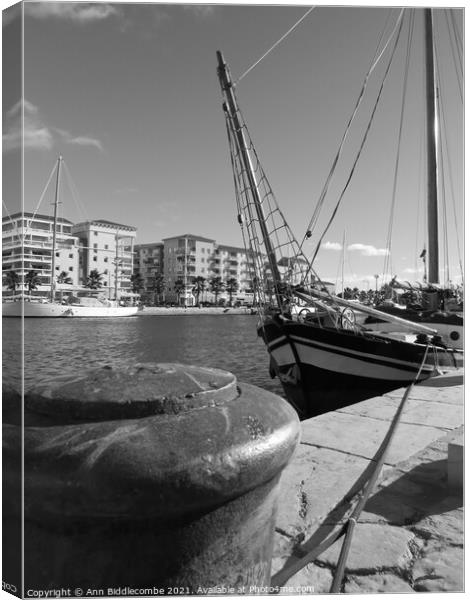 A black and white view of an old sailing boat in t Canvas Print by Ann Biddlecombe