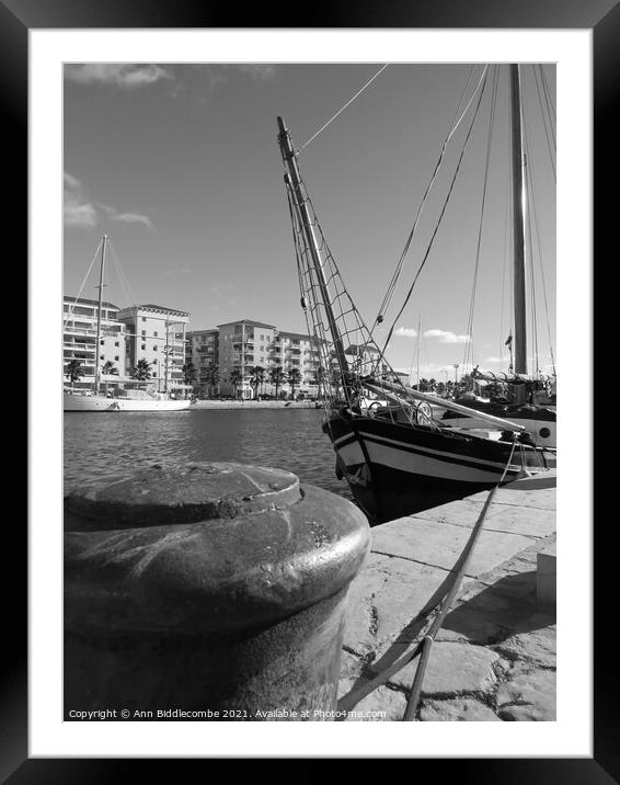 A black and white view of an old sailing boat in t Framed Mounted Print by Ann Biddlecombe