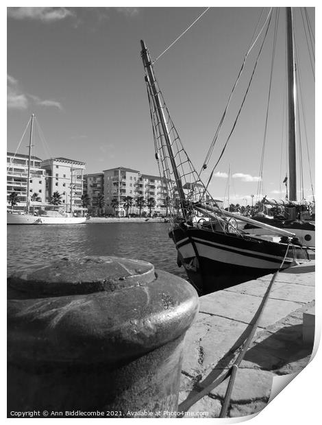 A black and white view of an old sailing boat in t Print by Ann Biddlecombe