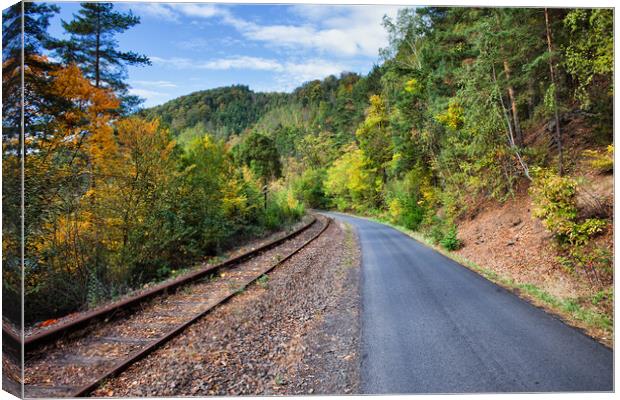 Rural Road and Railway Track Along Autumn Forest Canvas Print by Artur Bogacki