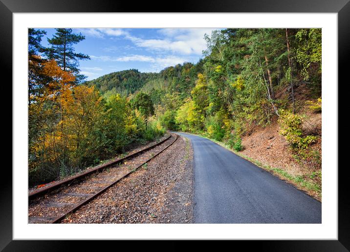 Rural Road and Railway Track Along Autumn Forest Framed Mounted Print by Artur Bogacki