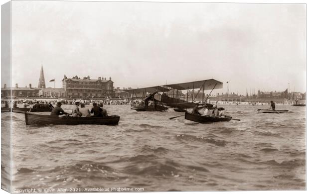 Seaplane and onlookers Lowestoft early 1900's, ,,f Canvas Print by Kevin Allen