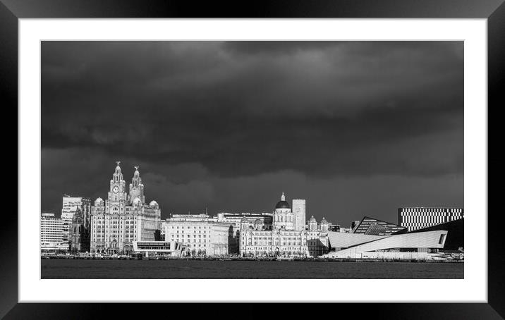 Dramatic sky above the Liverpool skyline in monochrome Framed Mounted Print by Jason Wells