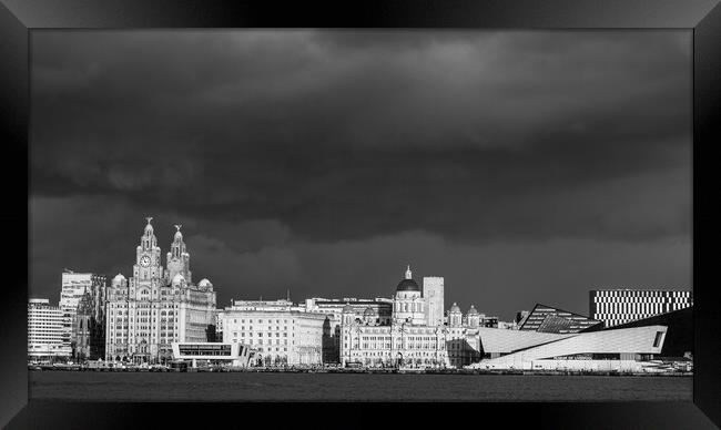 Dramatic sky above the Liverpool skyline in monochrome Framed Print by Jason Wells