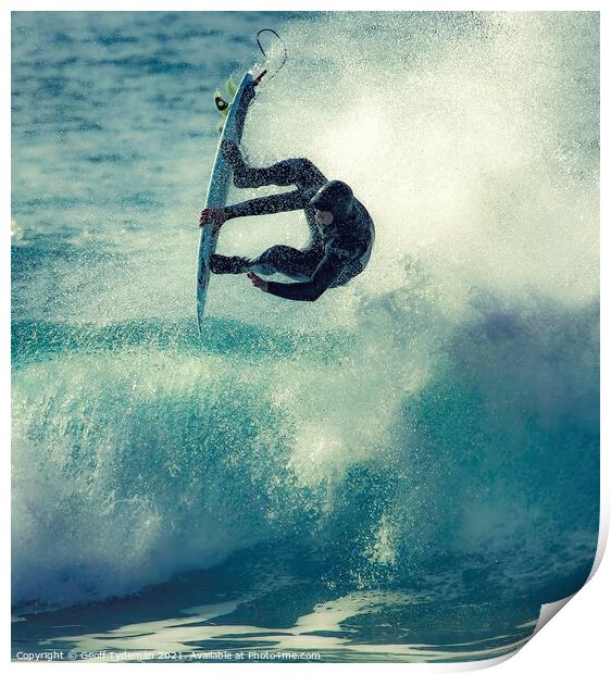 A surfer takes to the 'air' Print by Geoff Tydeman