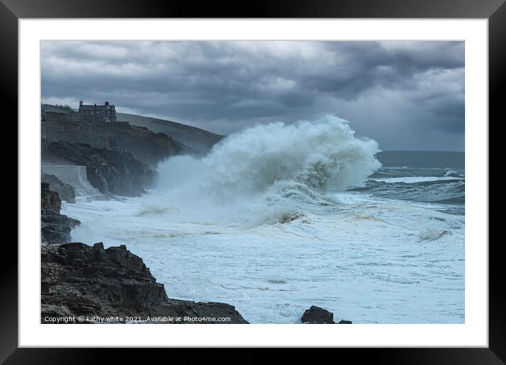   Porthleven Cornwall Storm,Porthleven harbour,Sea Framed Mounted Print by kathy white