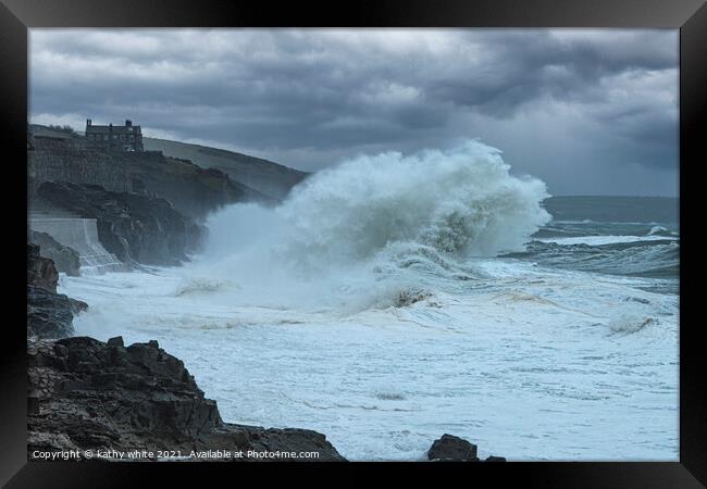   Porthleven Cornwall Storm,Porthleven harbour,Sea Framed Print by kathy white
