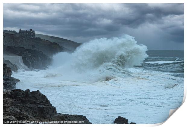   Porthleven Cornwall Storm,Porthleven harbour,Sea Print by kathy white