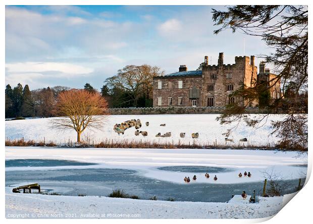 Ripley Castle in the snow. Print by Chris North