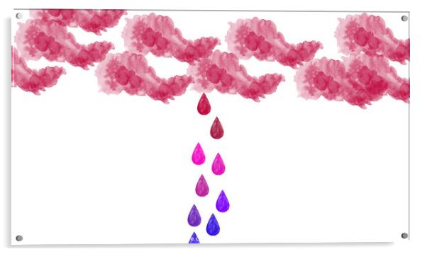 Illustration of red rain clouds with falling water drops, white  Acrylic by Joaquin Corbalan