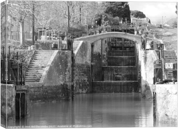 View up the locks on the Canal Du Midi in Black an Canvas Print by Ann Biddlecombe