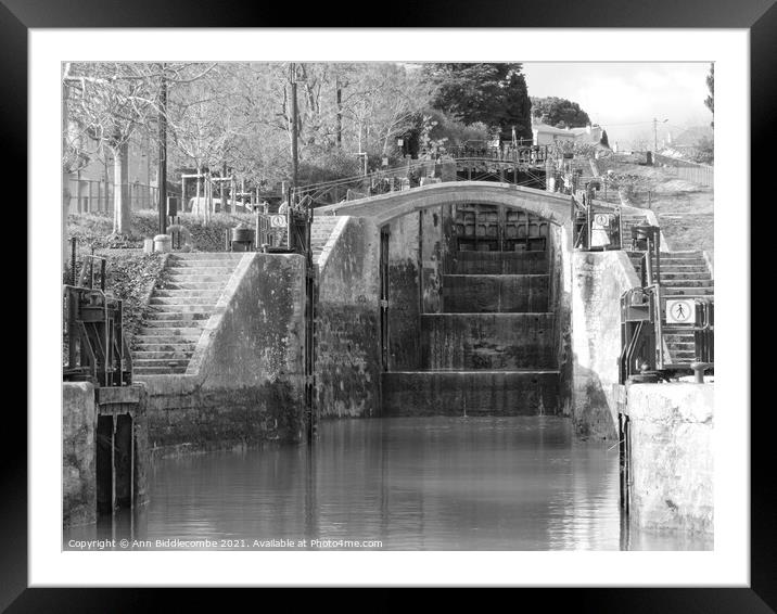 View up the locks on the Canal Du Midi in Black an Framed Mounted Print by Ann Biddlecombe