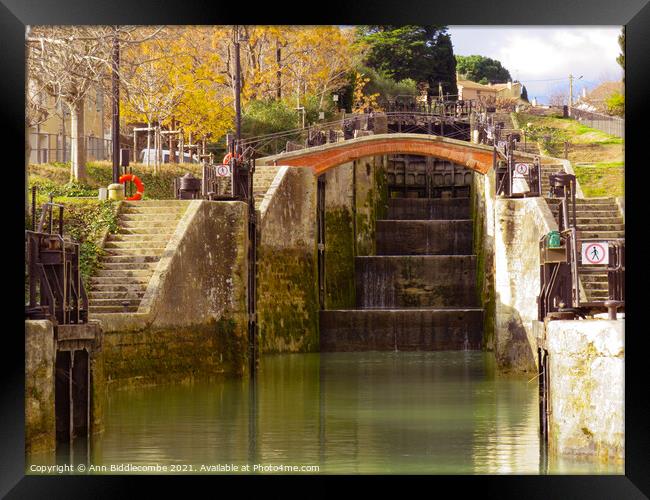 View up the locks on the Canal Du Midi at Beziers Framed Print by Ann Biddlecombe