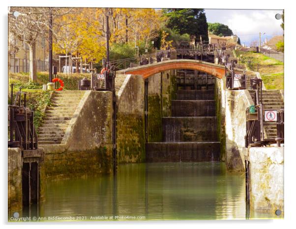 View up the locks on the Canal Du Midi at Beziers Acrylic by Ann Biddlecombe