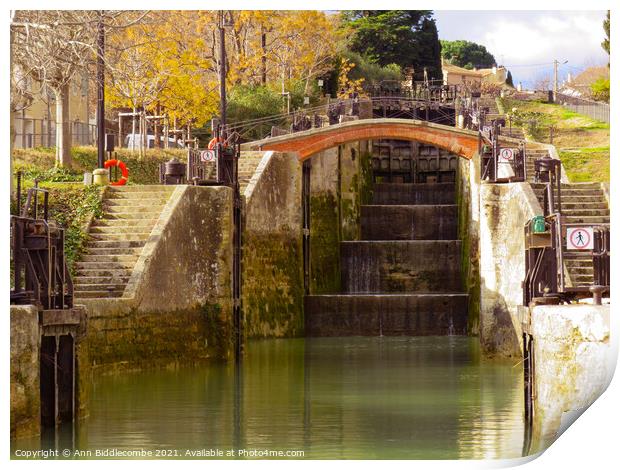 View up the locks on the Canal Du Midi at Beziers Print by Ann Biddlecombe