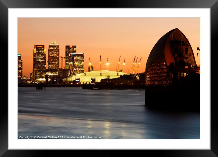 Thames Barrier, O2 and Canary Wharf at twilight, London, UK Framed Mounted Print by Geraint Tellem ARPS