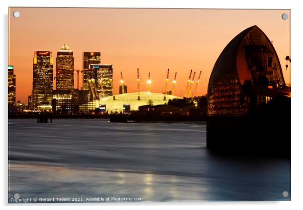 Thames Barrier, O2 and Canary Wharf at twilight, London, UK Acrylic by Geraint Tellem ARPS