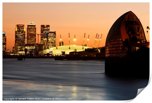 Thames Barrier, O2 and Canary Wharf at twilight, London, UK Print by Geraint Tellem ARPS