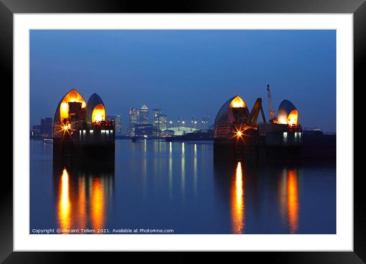 Thames Flood Barrier and Canary Wharf at dusk, London, England, UK Framed Mounted Print by Geraint Tellem ARPS