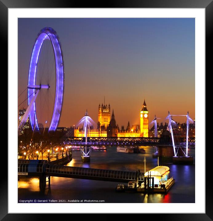 London Eye, Houses of Parliament from Waterloo Bridge, London, England, UK Framed Mounted Print by Geraint Tellem ARPS
