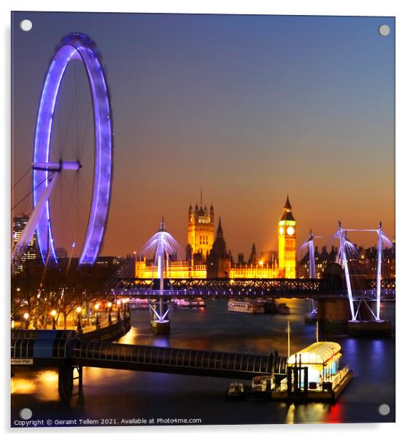 London Eye, Houses of Parliament from Waterloo Bridge, London, England, UK Acrylic by Geraint Tellem ARPS