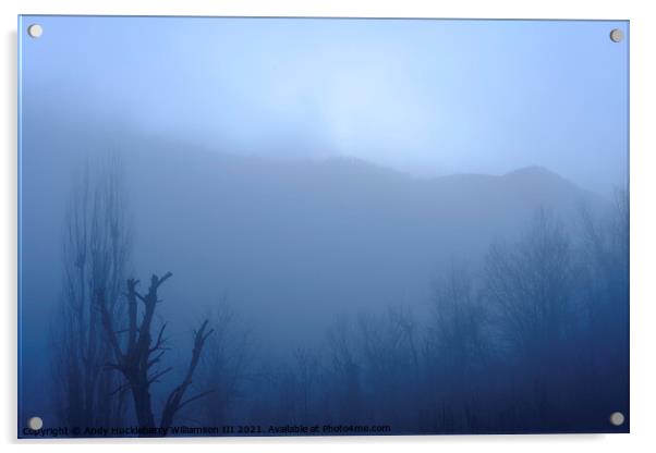 Blue foggy panorama in Casella, Genoa, Italy Acrylic by Andy Huckleberry Williamson III