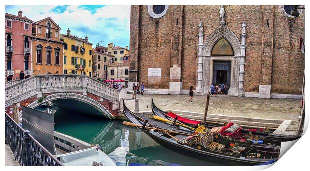 Venice, Italy -Wide angle panorama shot of venzia bridge over canal next to gandola boats against church Print by Arpan Bhatia