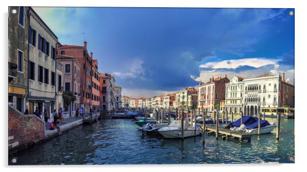 Venice, Italy - September 03, 2018: Wide angle panorama shot of canal view from Rialto bridge Acrylic by Arpan Bhatia