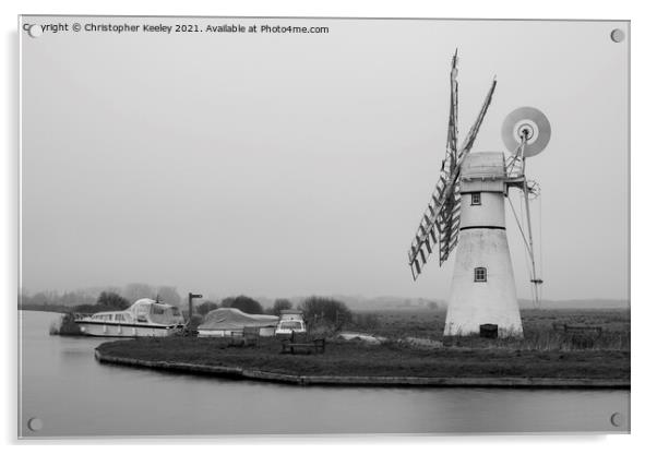 Black and white Thurne Mill Acrylic by Christopher Keeley