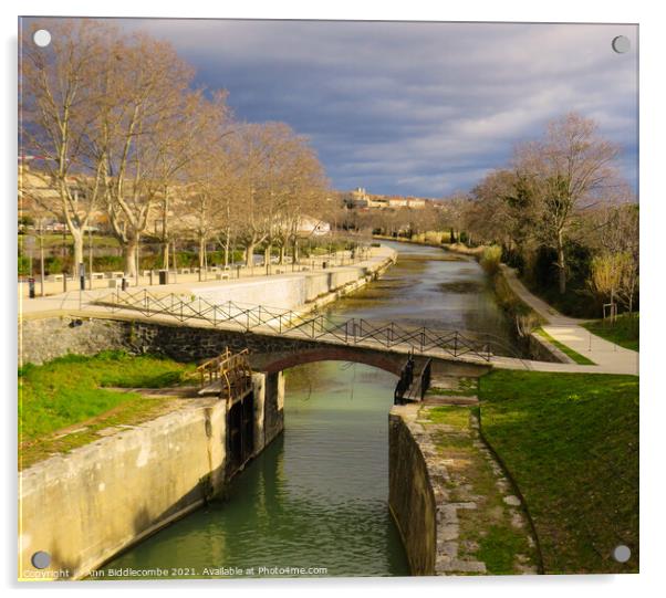Canal du Midi at Beziers looking down the old sect Acrylic by Ann Biddlecombe