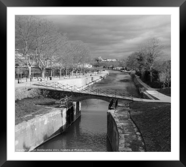 Black and White, Canal du Midi at Beziers looking  Framed Mounted Print by Ann Biddlecombe